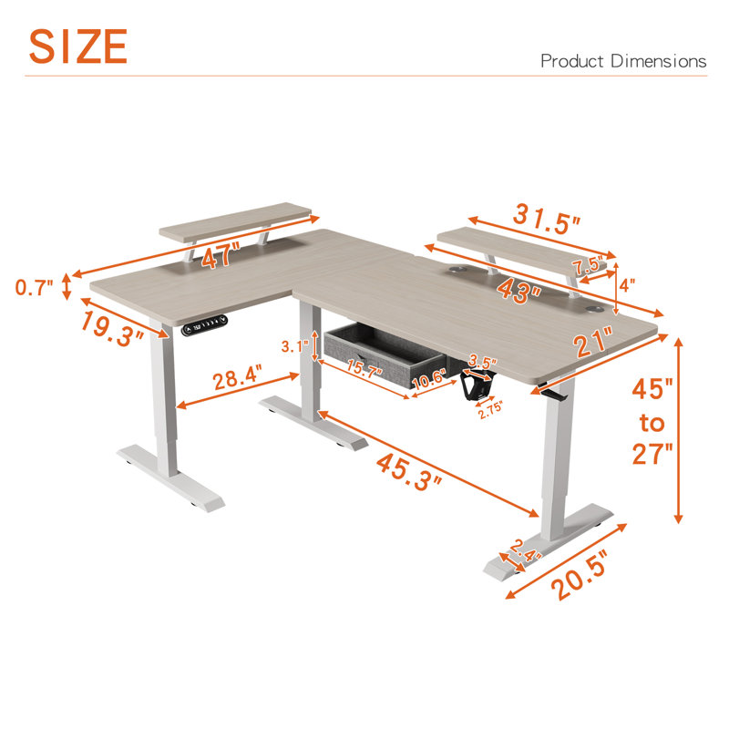 Inbox Zero Jonesboro 63'' L-Shaped Height Adjustable